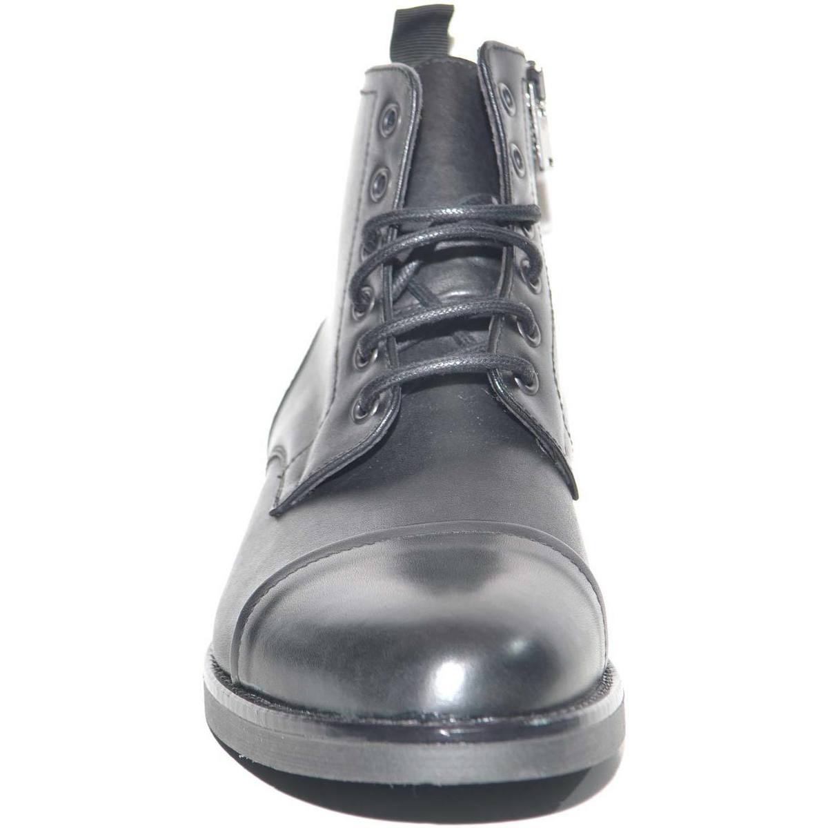 Scarpe Uomo Stivali Malu Shoes Anfibio vintage in vera pelle nero spazzolato fondo gomma lacci Nero