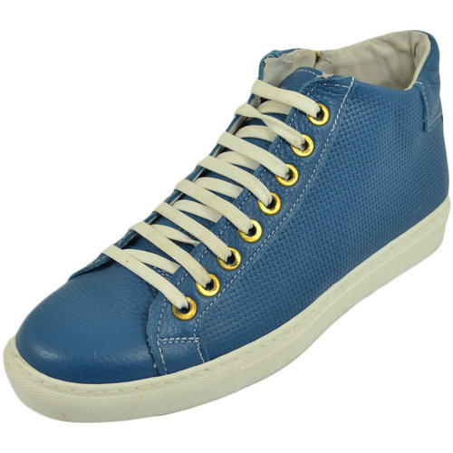 Scarpe Uomo Sneakers alte Malu Shoes Sneakers uomo vera pelle celeste con stampe laterali Blu