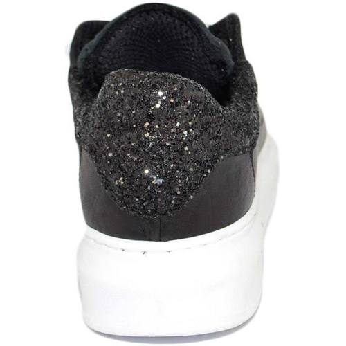 Scarpe Donna Sneakers basse Malu Shoes Sneakers donn bassa in vera pelle vitello nero e fortino glitte Nero