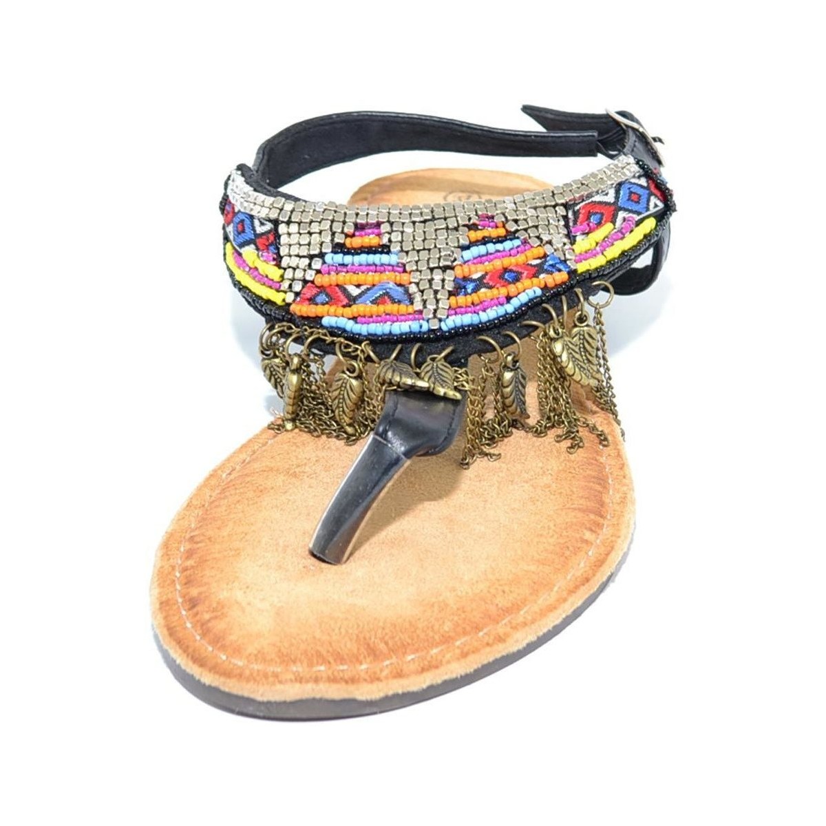 Scarpe Donna Sandali Malu Shoes Sandalo basso ibiza nero basso infradito con frange, corallini Nero