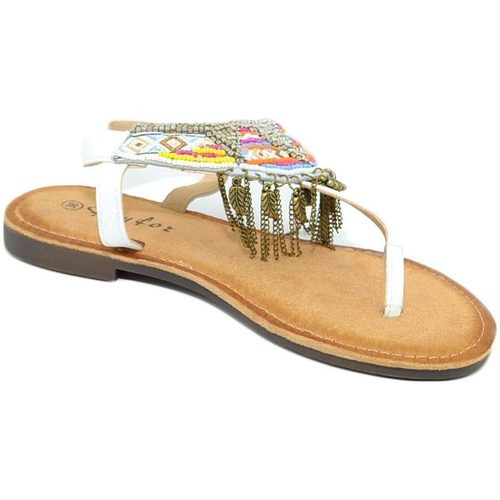 Scarpe Donna Sandali Malu Shoes Sandalo basso ibiza bianco basso infradito con frange, corallin Bianco