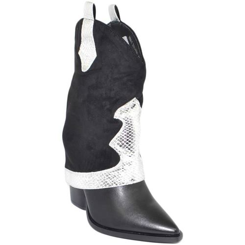 Scarpe Donna Tronchetti Malu Shoes Stivale tronchetto donna a punta nero con tacco targo e risvolt Nero