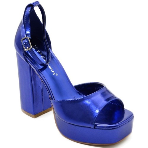 Scarpe Donna Sandali Malu Shoes SANDALO DONNA TACCO IN PELLE LUCIDA BLU TACCO DOPPIO 12 CM PLAT Blu