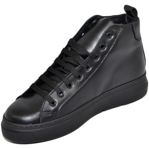 Scarpe Uomo Sneakers alte Malu Shoes Sneakers uomo alta in vera pelle nera con fondo doppio army ner Nero