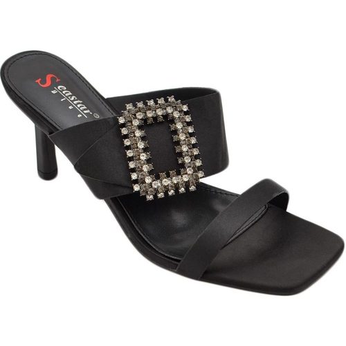 Scarpe Donna Sandali Malu Shoes Sandalo donna nero mules sabot in raso con tacco sottile 10 dop Nero