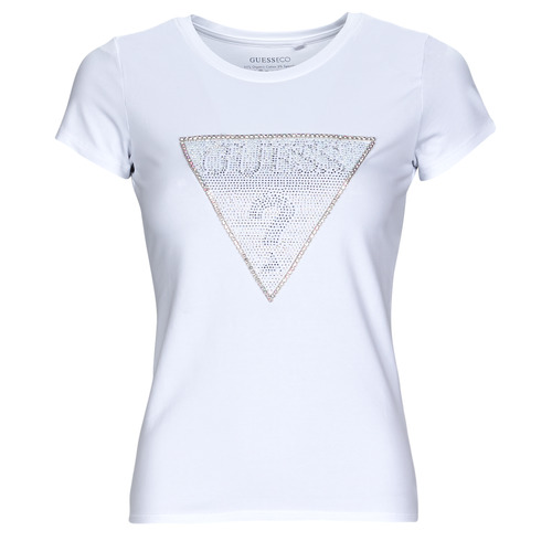 Abbigliamento Donna T-shirt maniche corte Guess SS TRIANGLE CRYSTAL LOGO R4 Bianco
