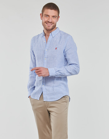 Abbigliamento Uomo Camicie maniche lunghe Polo Ralph Lauren CHEMISE AJUSTEE SLIM FIT EN LIN Blu / Bianco