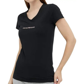 Abbigliamento Donna T-shirt maniche corte Emporio Armani Classic gold logo col V Nero