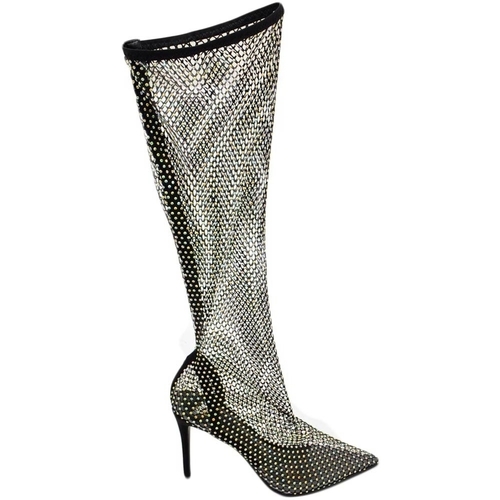 Scarpe Donna Stivali Malu Shoes Stivale alto strike completamente trasparente in rete e strass Nero