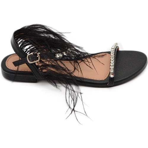 Scarpe Donna Sandali Malu Shoes Pantofoline allacciata alla caviglia donna piume peluche con ap Nero