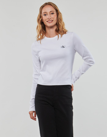 Abbigliamento Donna T-shirts a maniche lunghe Calvin Klein Jeans WOVEN LABEL RIB LONG SLEEVE Bianco