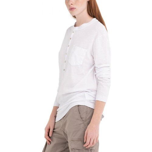 Abbigliamento Donna T-shirt & Polo Replay T-Shirt Con Scollo Serafino A Maniche Lunghe Bianco