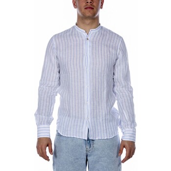 Abbigliamento Uomo Camicie maniche lunghe Sl56 Camicia  Lino Rigata Bianca E Azzurra Bianco