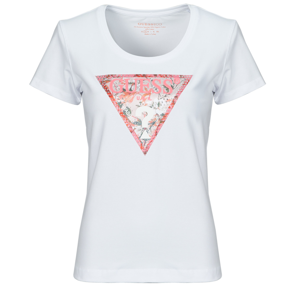 Abbigliamento Donna T-shirt maniche corte Guess RN SATIN TRIANGLE Bianco