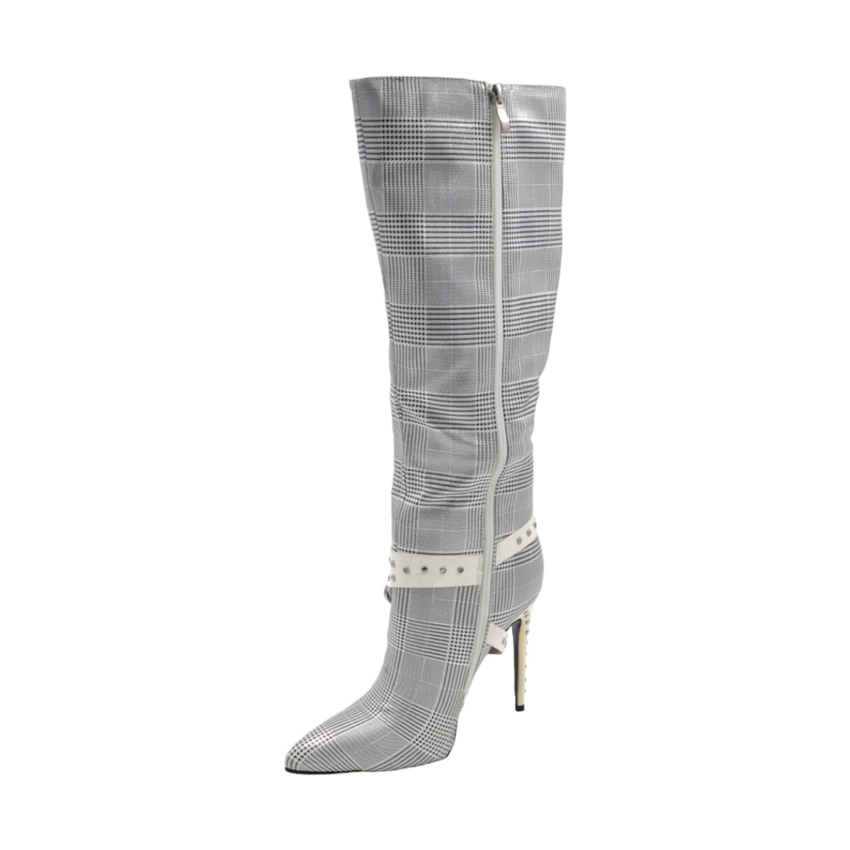 Scarpe Donna Stivali Malu Shoes Stivale alto donna grigio tessuto fantasia pied de poule lamina Bianco