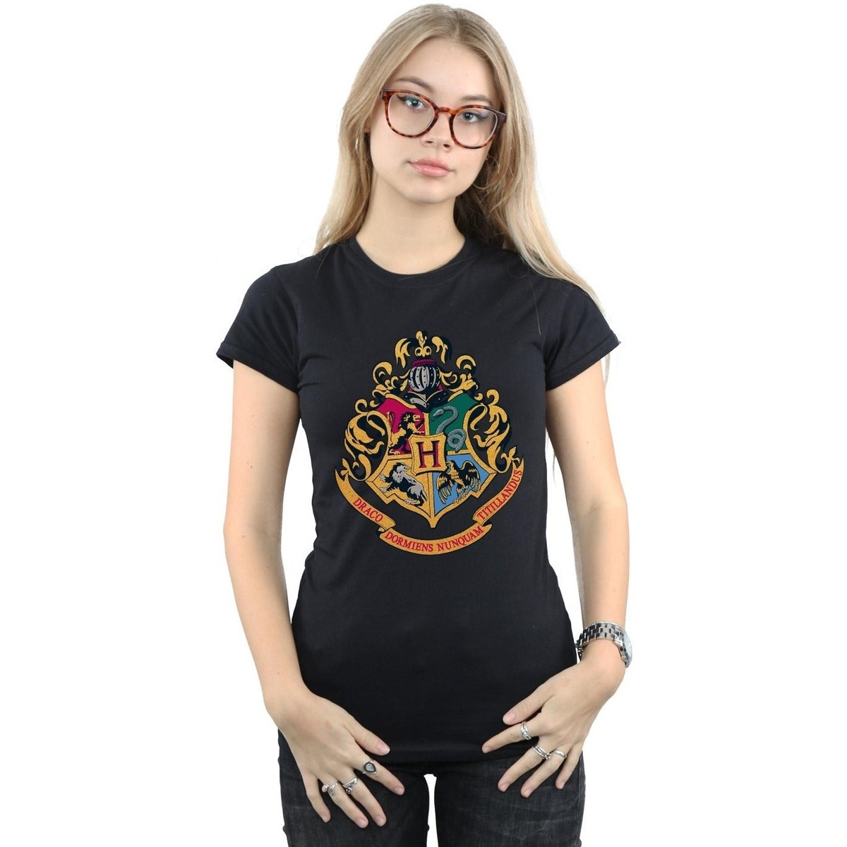 Abbigliamento Donna T-shirts a maniche lunghe Harry Potter Hogwarts Crest Gold Ink Nero