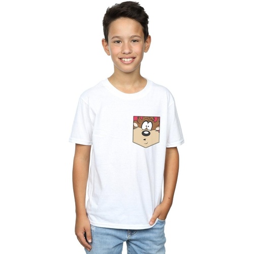 Abbigliamento Bambino T-shirt maniche corte Dessins Animés Tasmanian Devil Face Faux Pocket Bianco