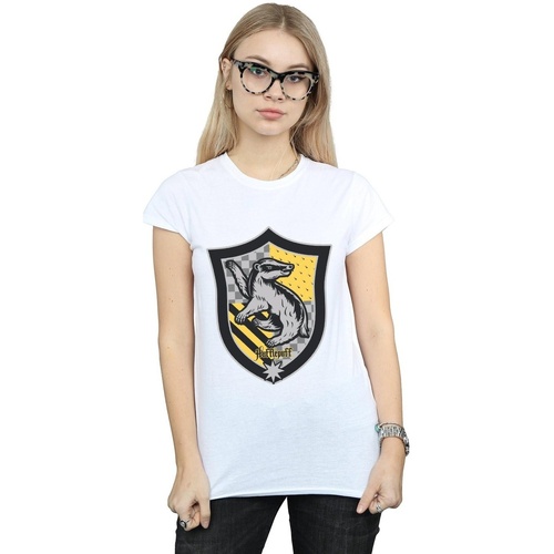 Abbigliamento Donna T-shirts a maniche lunghe Harry Potter Hufflepuff Crest Flat Bianco