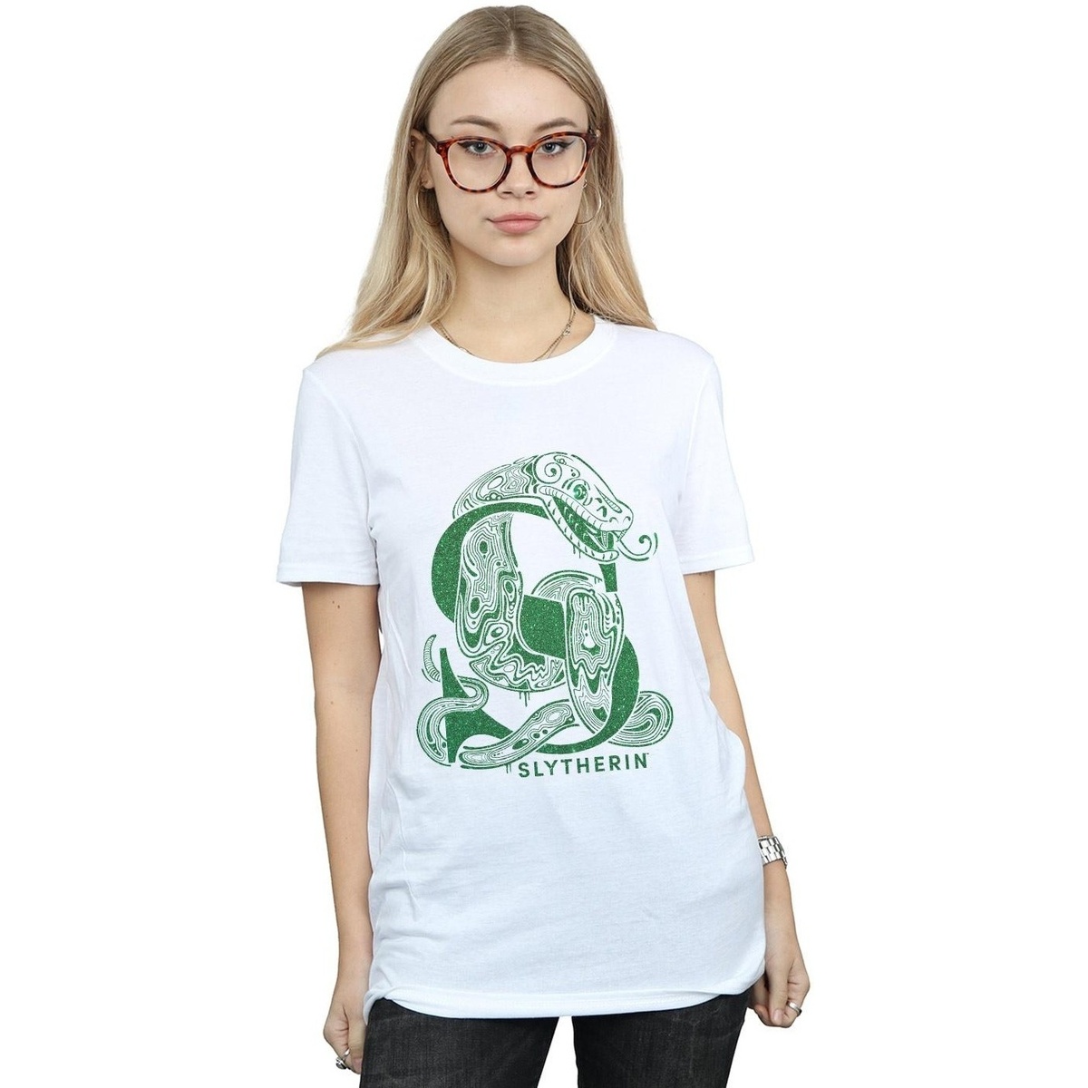 Abbigliamento Donna T-shirts a maniche lunghe Harry Potter Slytherin Glitter Bianco
