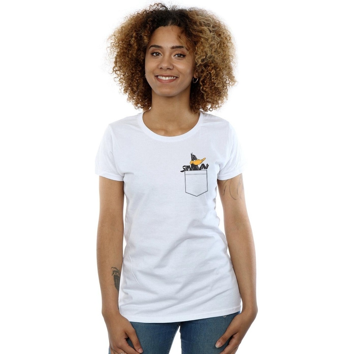 Abbigliamento Donna T-shirts a maniche lunghe Dessins Animés Daffy Duck Faux Pocket Bianco