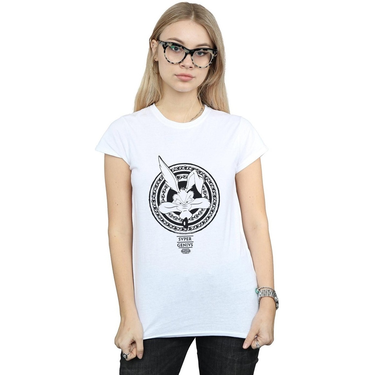 Abbigliamento Donna T-shirts a maniche lunghe Dessins Animés Wile E Coyote Super Genius Bianco