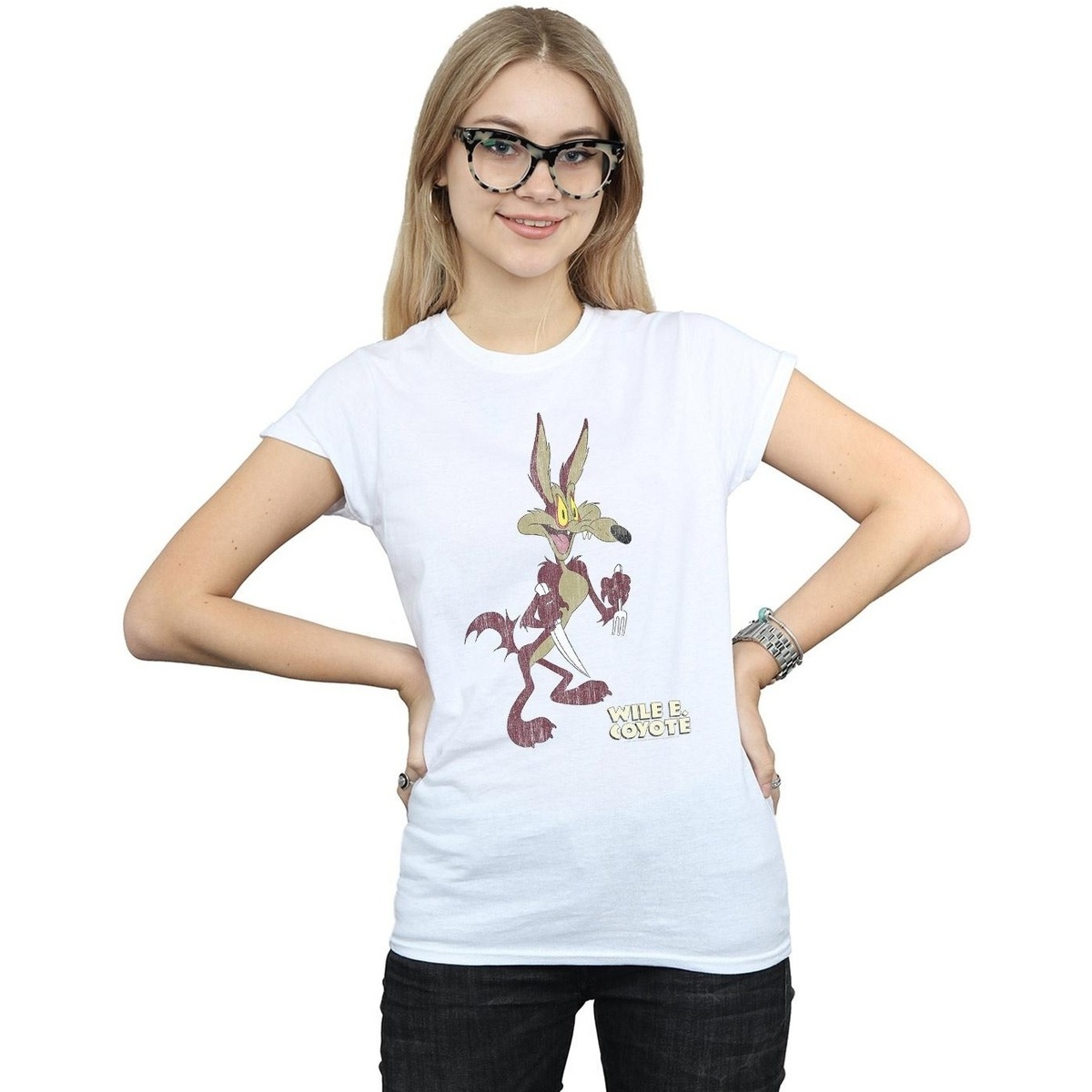 Abbigliamento Donna T-shirts a maniche lunghe Dessins Animés Wile E Coyote Distressed Bianco