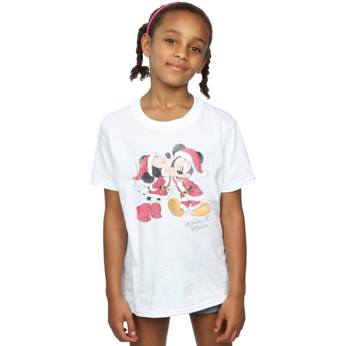 Abbigliamento Bambina T-shirts a maniche lunghe Disney Mickey And Minnie Christmas Kiss Bianco