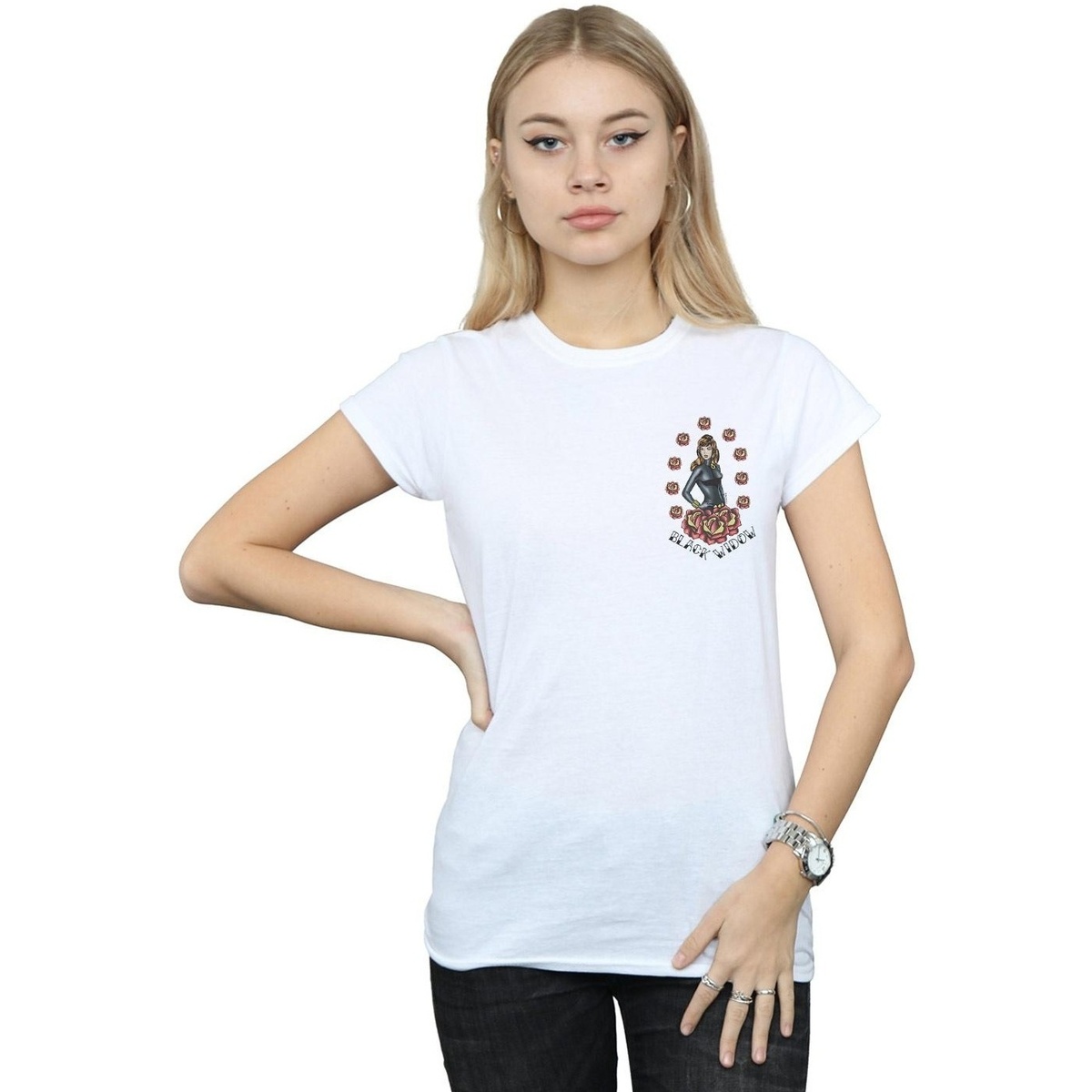 Abbigliamento Donna T-shirts a maniche lunghe Marvel Black Widow Tattoo Breast Print Bianco