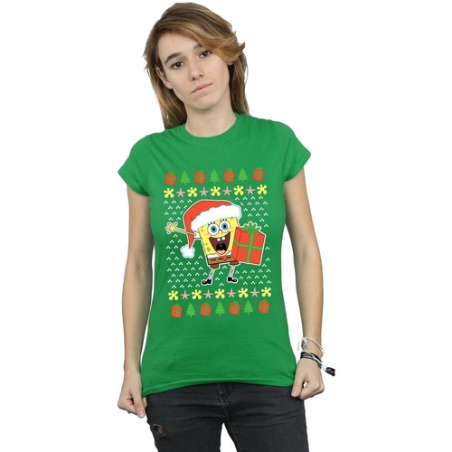 Abbigliamento Donna T-shirts a maniche lunghe Spongebob Squarepants Ugly Christmas Verde