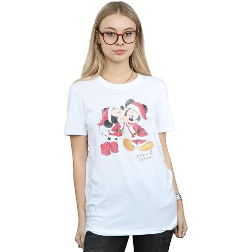 Abbigliamento Donna T-shirts a maniche lunghe Disney Mickey And Minnie Christmas Kiss Bianco
