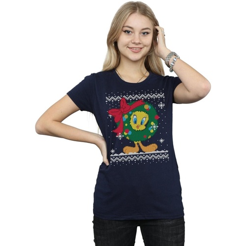 Abbigliamento Donna T-shirts a maniche lunghe Dessins Animés Tweety Pie Christmas Fair Isle Blu