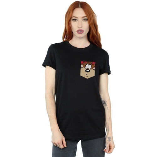 Abbigliamento Donna T-shirts a maniche lunghe Dessins Animés Tasmanian Devil Face Faux Pocket Nero