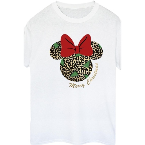 Abbigliamento Donna T-shirts a maniche lunghe Disney Minnie Mouse Leopard Christmas Bianco