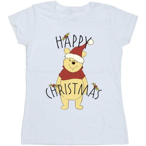 Abbigliamento Donna T-shirts a maniche lunghe Disney Winnie The Pooh Happy Christmas Holly Bianco