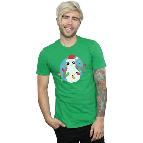 Abbigliamento Uomo T-shirts a maniche lunghe Disney The Last Jedi Porg Christmas Lights Verde