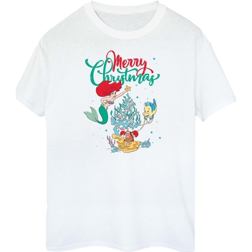 Abbigliamento Donna T-shirts a maniche lunghe Disney Princess Ariel Merry Christmas Bianco
