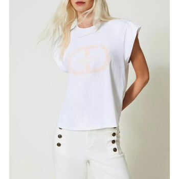 Abbigliamento Donna Jeans 3/4 & 7/8 Twin Set T-SHIRT CON OVAL T E MANICHE AD ALETTA Art. 241TP2213 Bianco/Rosa