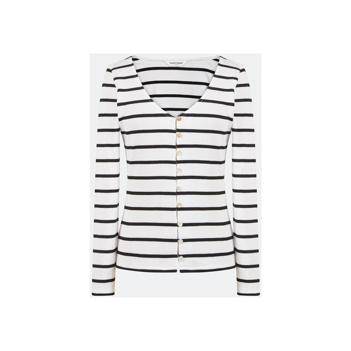 Abbigliamento Donna T-shirt & Polo Naf Naf T-SHIRT A RIGHE CON SCOLLO A V Ecru/Nero