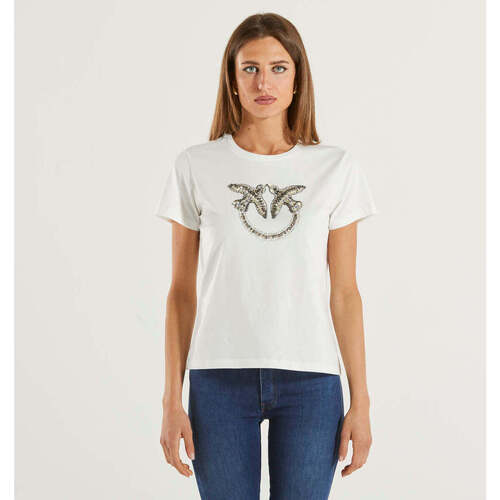Abbigliamento Donna T-shirt maniche corte Pinko t-shirt maxi logo love birds strass bianco Bianco