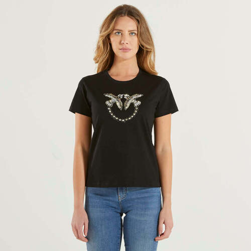 Abbigliamento Donna T-shirt maniche corte Pinko t-shirt maxi logo love birds strass nera Nero