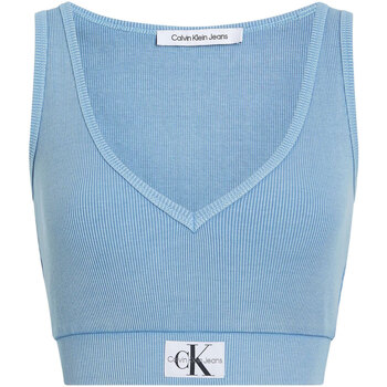Calvin Klein Jeans LABEL WASHED RIB CROP V-NECK TOP Blu