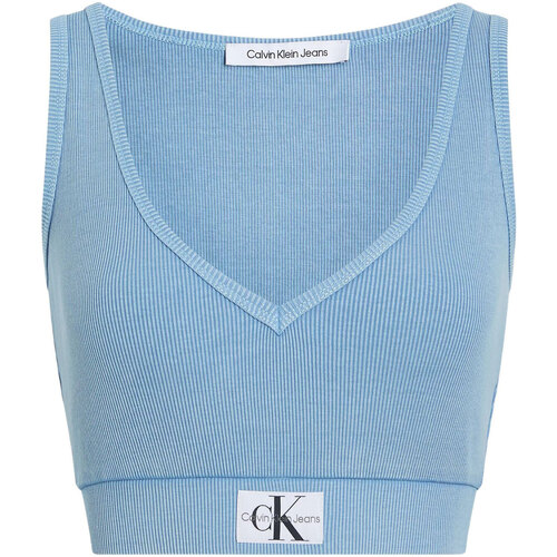 Abbigliamento Donna Top / T-shirt senza maniche Calvin Klein Jeans LABEL WASHED RIB CROP V-NECK TOP Blu