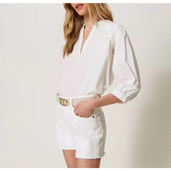 Twin Set BLUSA IN POPELINE CON PATCH FLOREALI Bianco