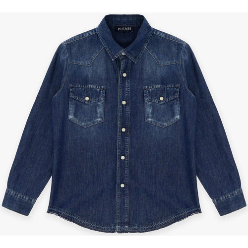 Abbigliamento Bambino Camicie maniche lunghe Please Kids Camicia jeans effetto délavé in puro cotone CL34010B61 Blu