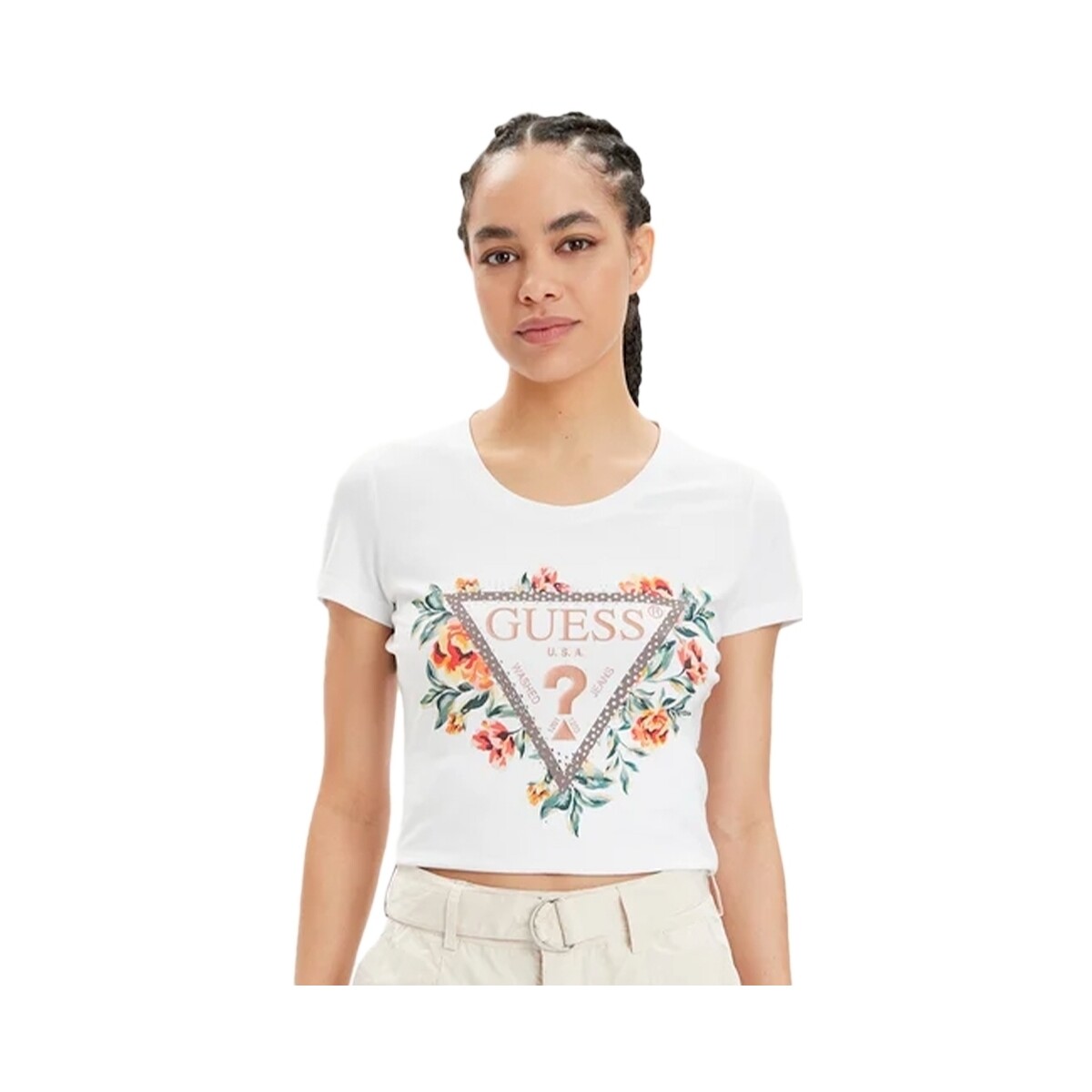 Abbigliamento Donna T-shirt maniche corte Guess Flowers Bianco