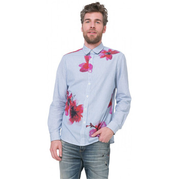 Abbigliamento Uomo Camicie maniche lunghe Desigual Chemise Homme Nando Rayures Bleues et Fleurs Blu